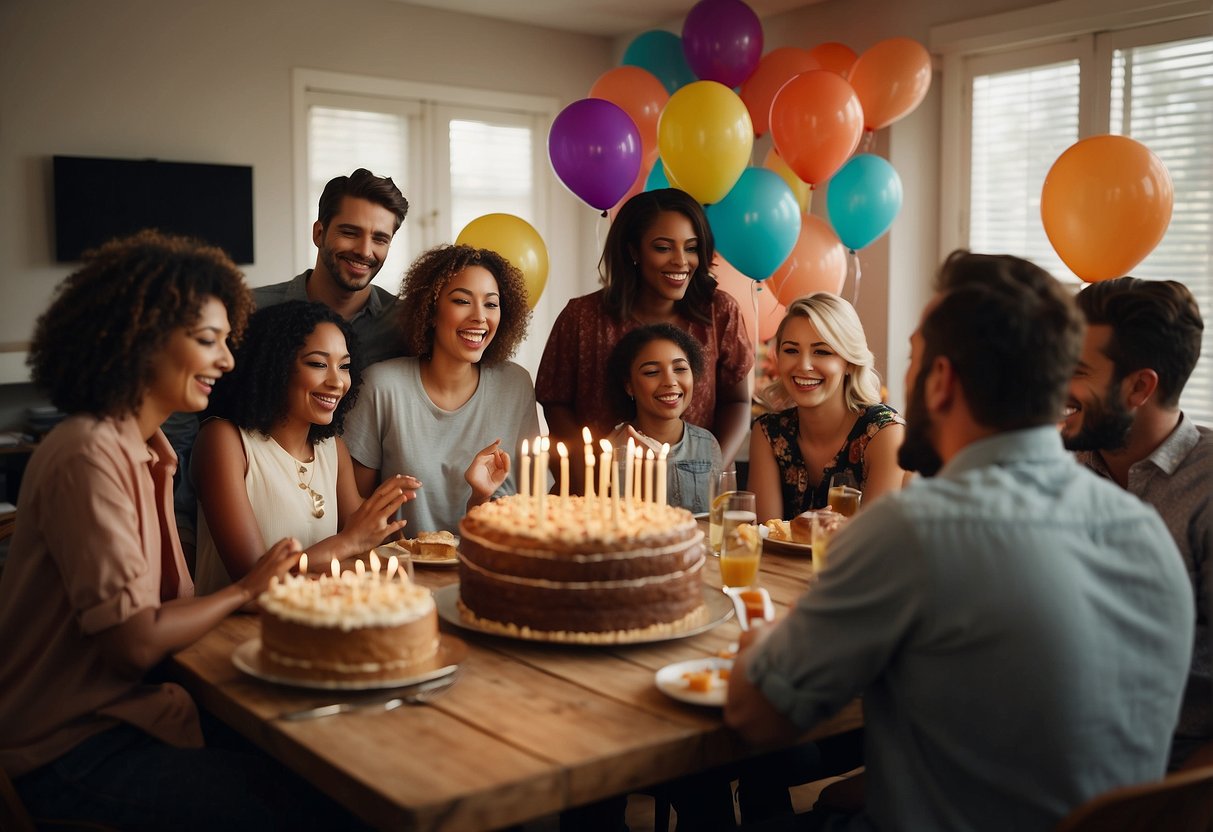 A group of people gathered around a table, laughing and chatting. Balloons and decorations fill the room. A birthday cake with candles is being brought out, while presents are piled nearby