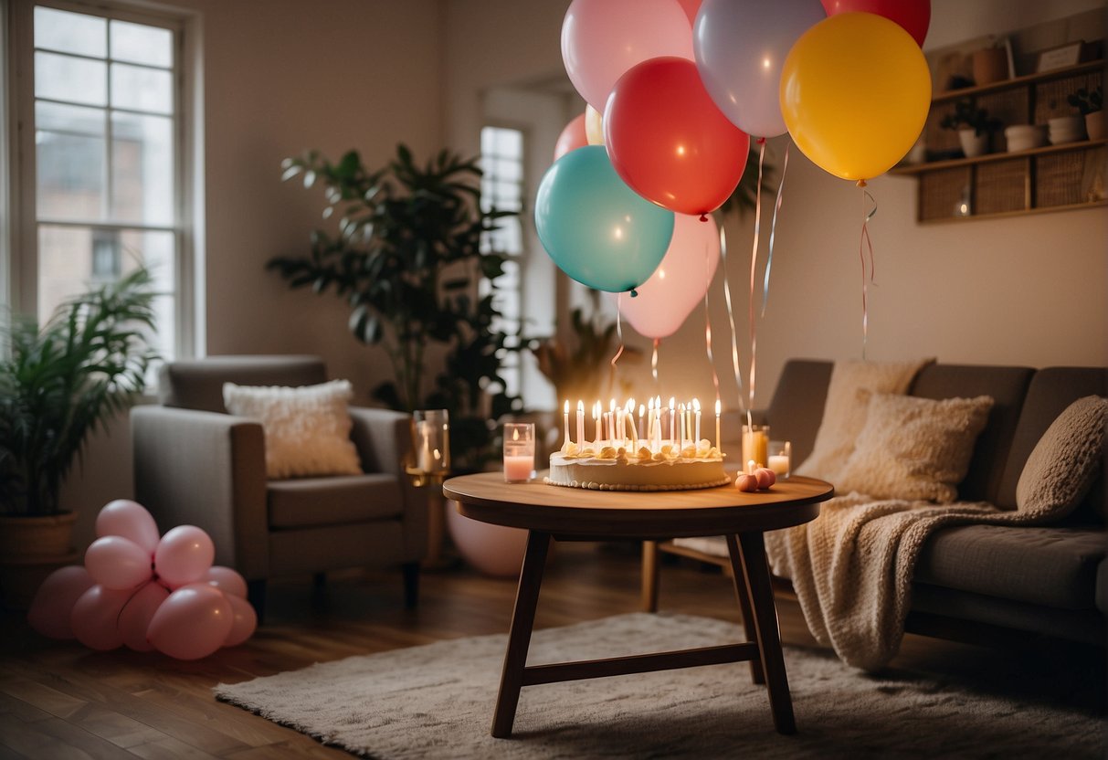 A cozy living room with balloons, confetti, and a table set for a birthday dinner. A cake with lit candles sits in the center, surrounded by gifts and a warm, inviting atmosphere