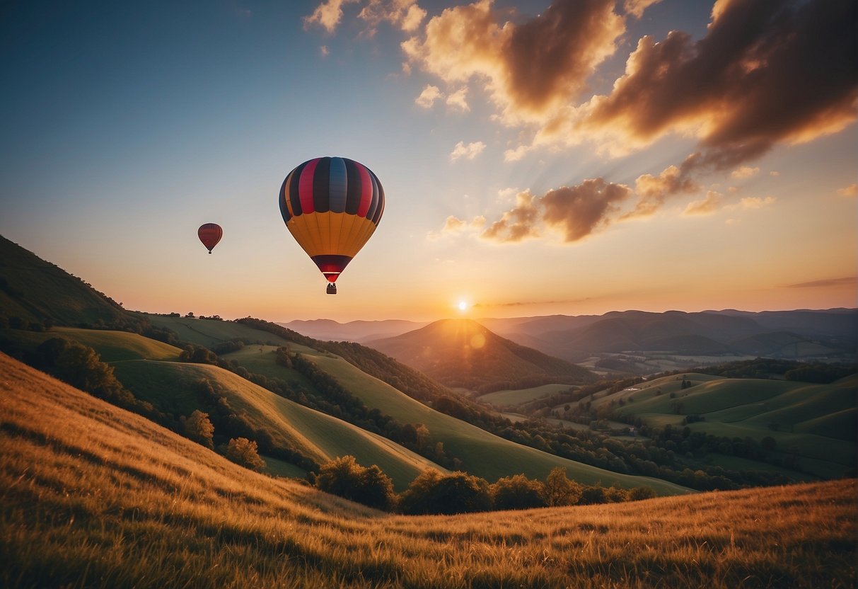 A hot air balloon floats above a picturesque landscape, with a colorful parachute gliding in the distance. The sky is filled with vibrant hues as the sun begins to set, creating a magical and adventurous scene for a 38th birthday celebration