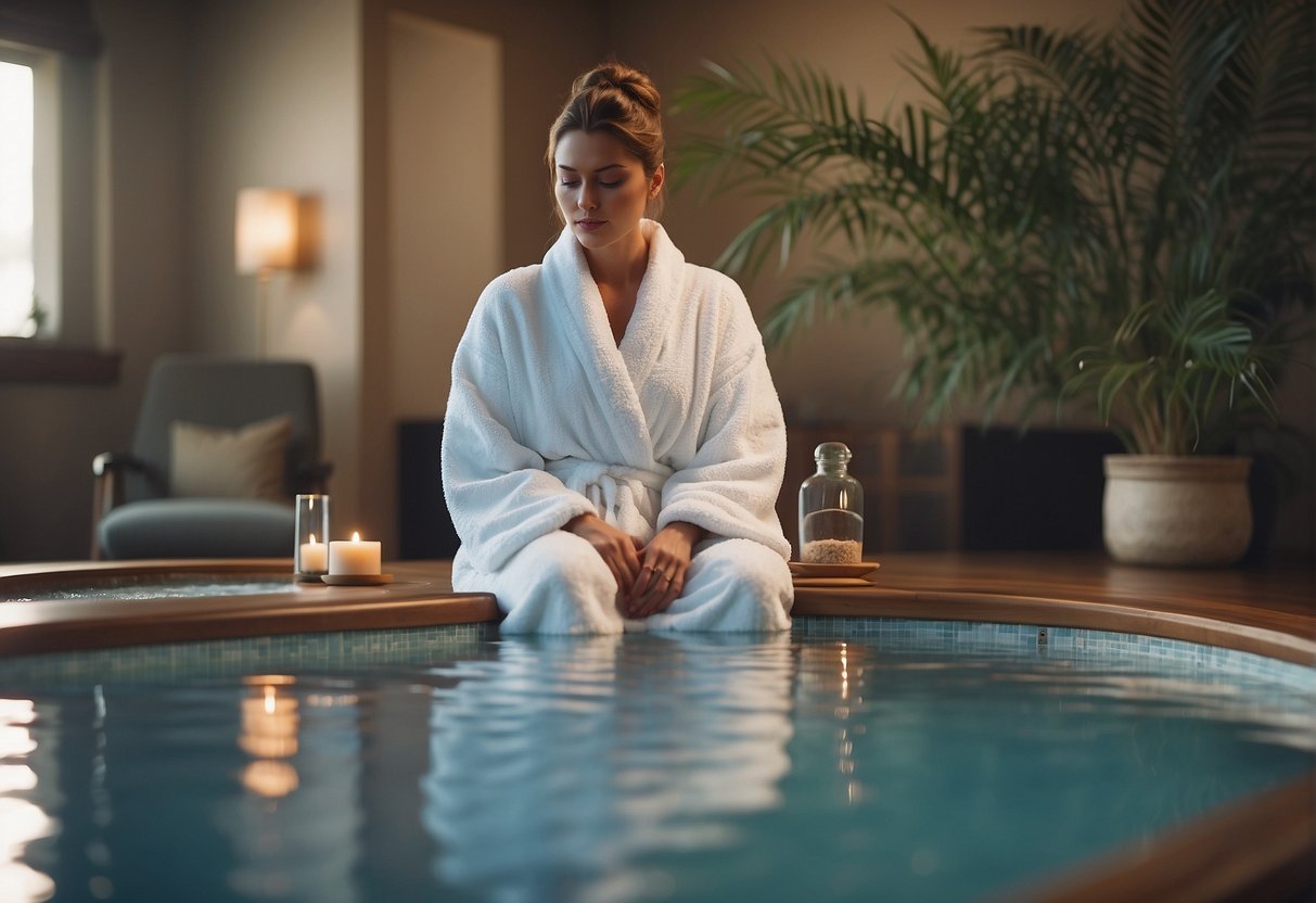 A serene spa day: a plush robe, soft slippers, a bubbling hot tub, and a tranquil massage room with soothing music