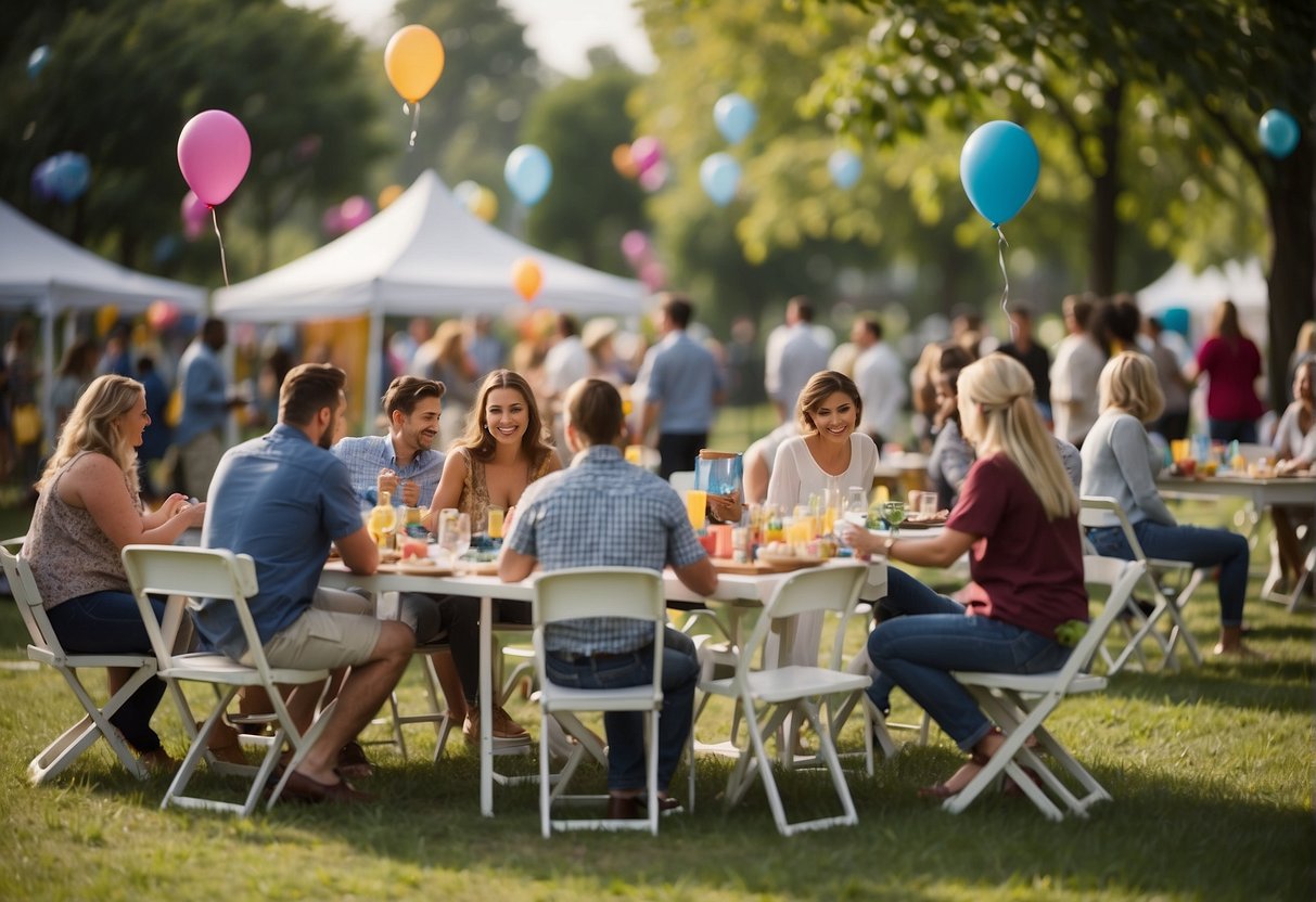 A group of people gathers in a park, setting up tables and chairs for a birthday celebration. They are decorating with colorful banners and preparing food to share with the community