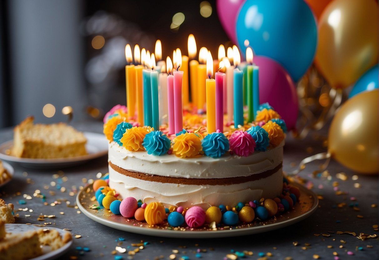 A colorful cake surrounded by balloons and confetti, with a "39" candle lit in the center. Gifts and cards are scattered around the table