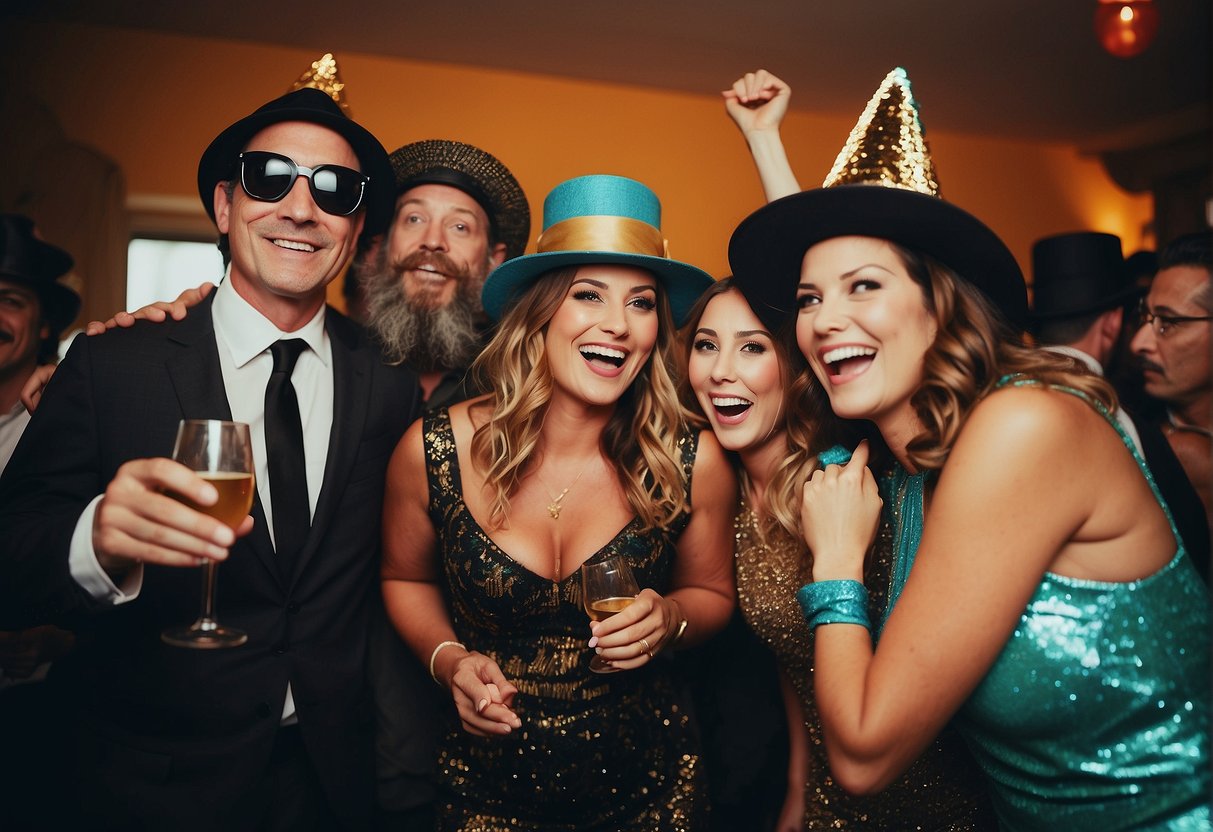 A lively 39th birthday party with vibrant decorations, a themed photo booth, and guests dressed in extravagant costumes. Laughter and music fill the air as everyone enjoys the festivities