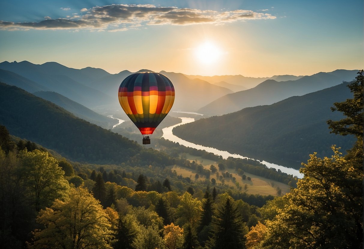 A colorful hot air balloon floats above a scenic landscape, with mountains, forests, and rivers below. The sky is clear and the sun is shining, creating a sense of excitement and freedom