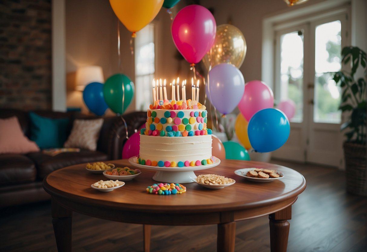 A festive table with a colorful birthday cake, balloons, and presents. A cozy living room setting with streamers and confetti