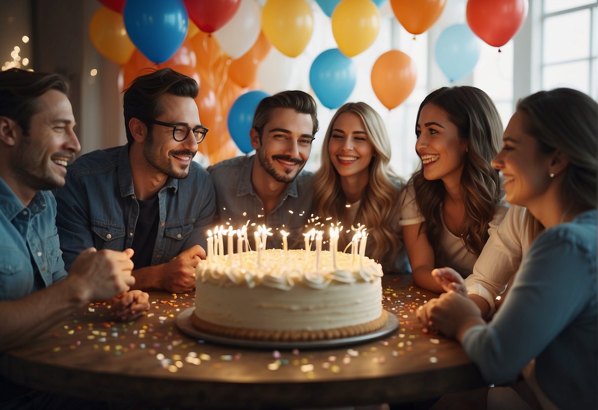 A group of friends gathered around a table with balloons and confetti, raising glasses in celebration. A banner reads "Happy 40th Birthday" while a cake with candles sits in the center