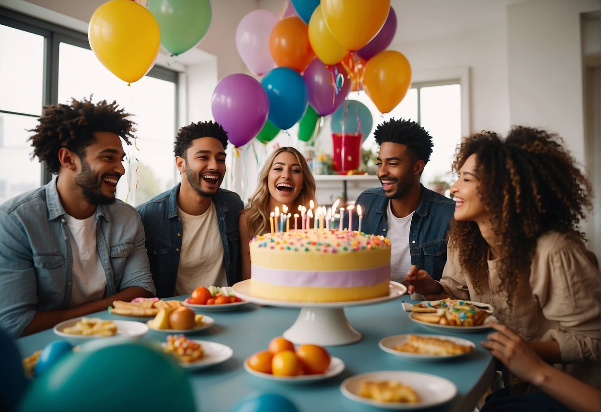 A group of friends gather around a table filled with colorful decorations and a birthday cake. Balloons and streamers adorn the room as they laugh and celebrate