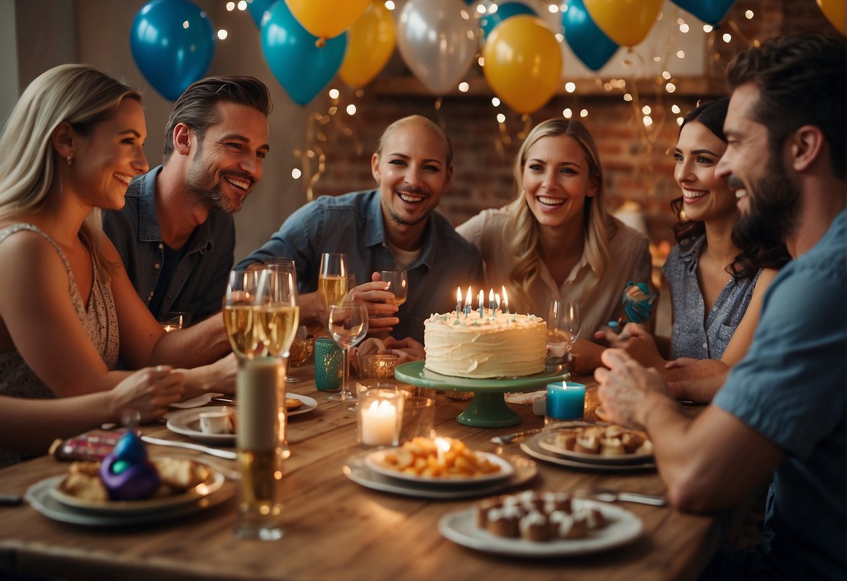 Guests gather around a table filled with decorations and party supplies. A banner reads "41st Birthday Celebration" as friends plan activities and games