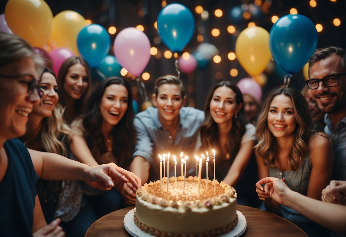 A festive 41st birthday party with balloons, confetti, and a large birthday cake surrounded by friends and family