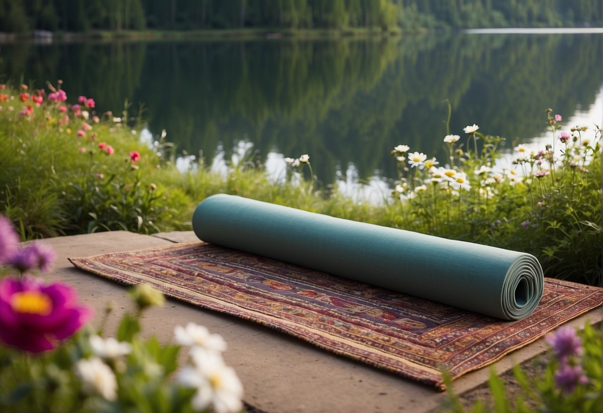 A serene outdoor setting with a calm lake, surrounded by lush greenery and colorful flowers, with a yoga mat and meditation cushion placed nearby