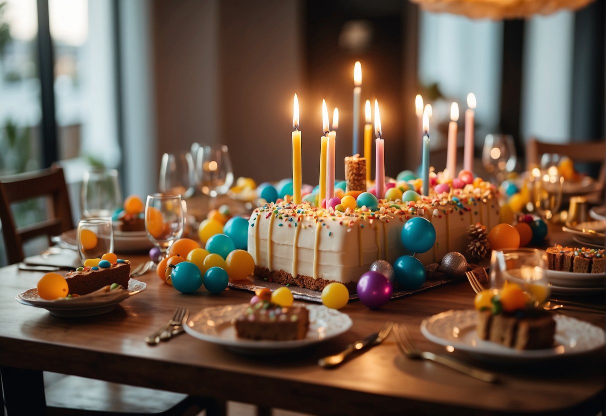 A table set with colorful decorations, surrounded by friends and family. A birthday cake with 41 candles, presents, and laughter fill the room