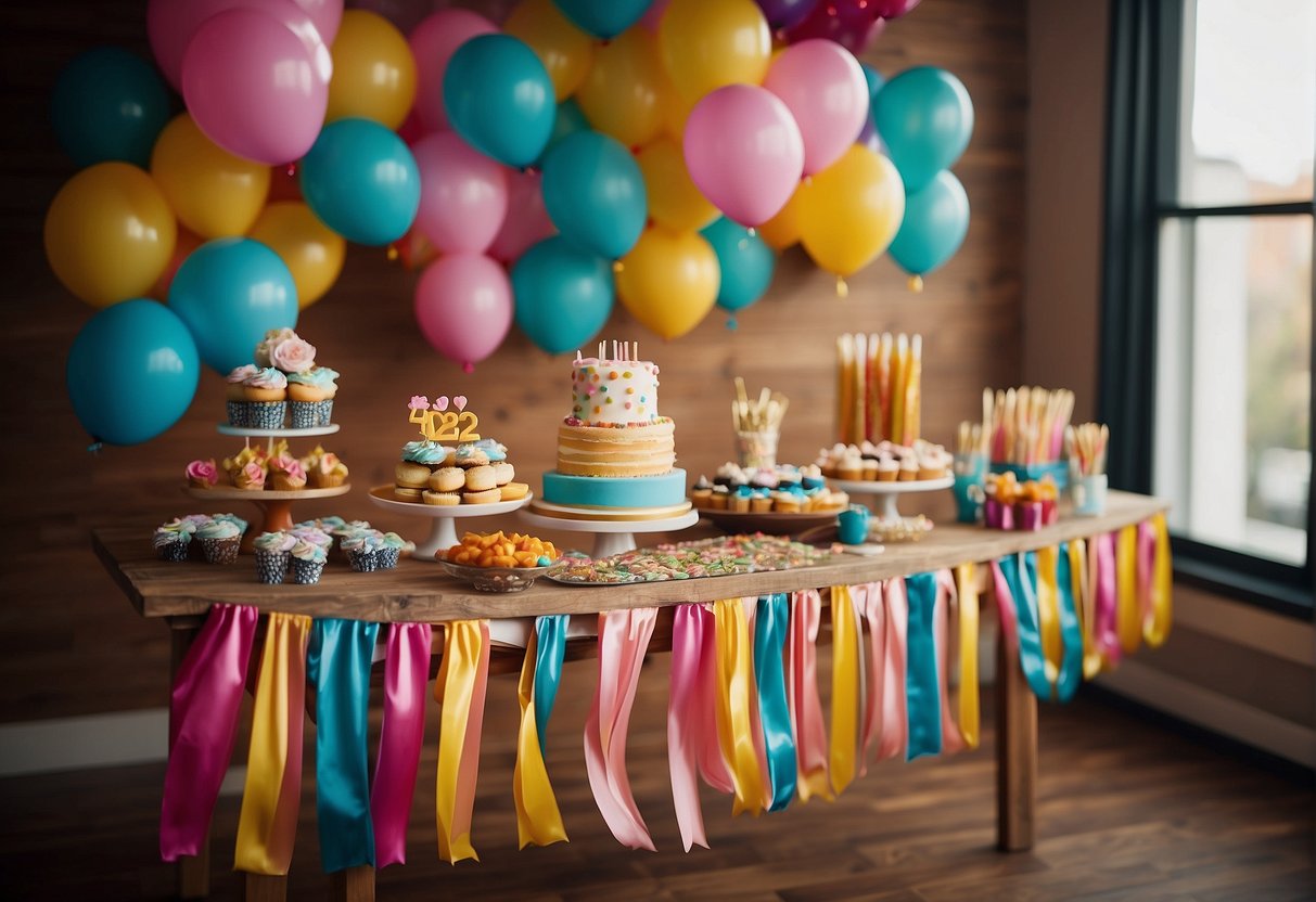 A table covered in colorful decorations and party supplies, with a banner reading "42nd Birthday" hung on the wall