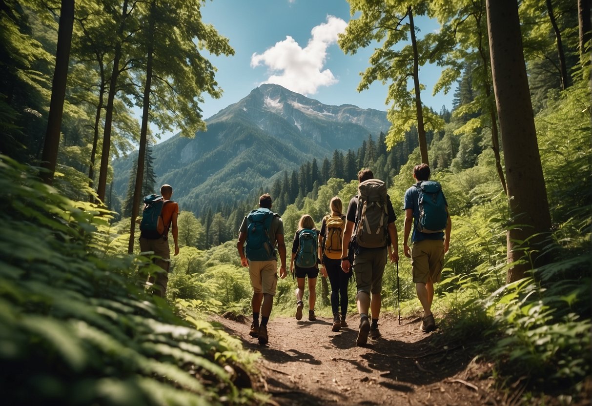 A group of people hiking through a lush forest, with a mountain in the background and a bright blue sky overhead