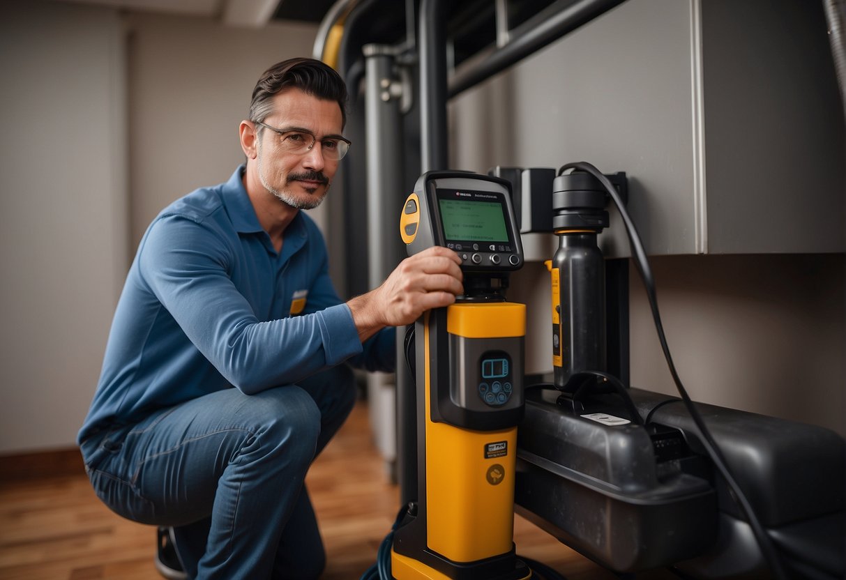 A leak detection specialist in São Paulo uses equipment to locate a water leak in a residential or commercial building