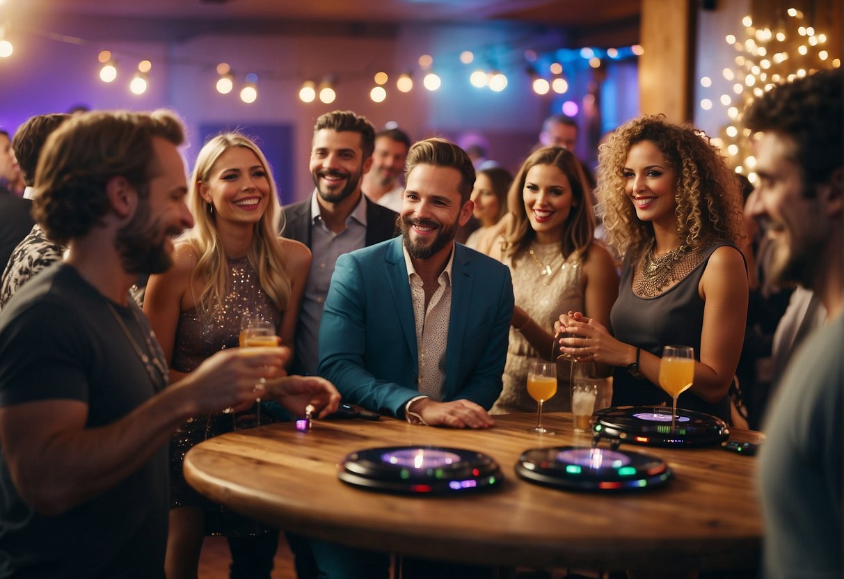 Guests mingle at a lively 42nd birthday party. A DJ spins music as people laugh and dance. Decorations and colorful lights create a festive atmosphere