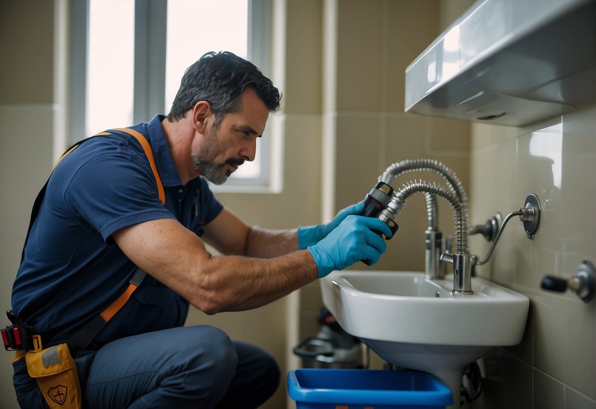 A plumber using specialized equipment to detect water leaks in a residential or commercial building in São Paulo, Brazil