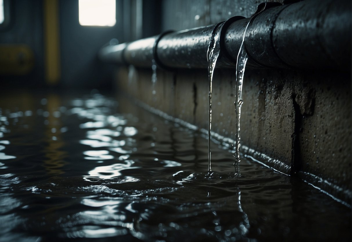 A leaking pipe in a dark, damp basement. Water drips steadily from the cracked pipe, pooling on the floor. The surroundings are cluttered with old boxes and cobwebs