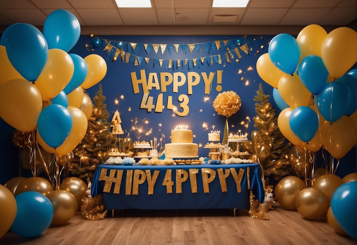 Guests cheer as balloons fill the room, a cake adorned with 43 candles sits on the table. A gift table overflows with presents, and a banner reads "Happy 43rd Birthday!"