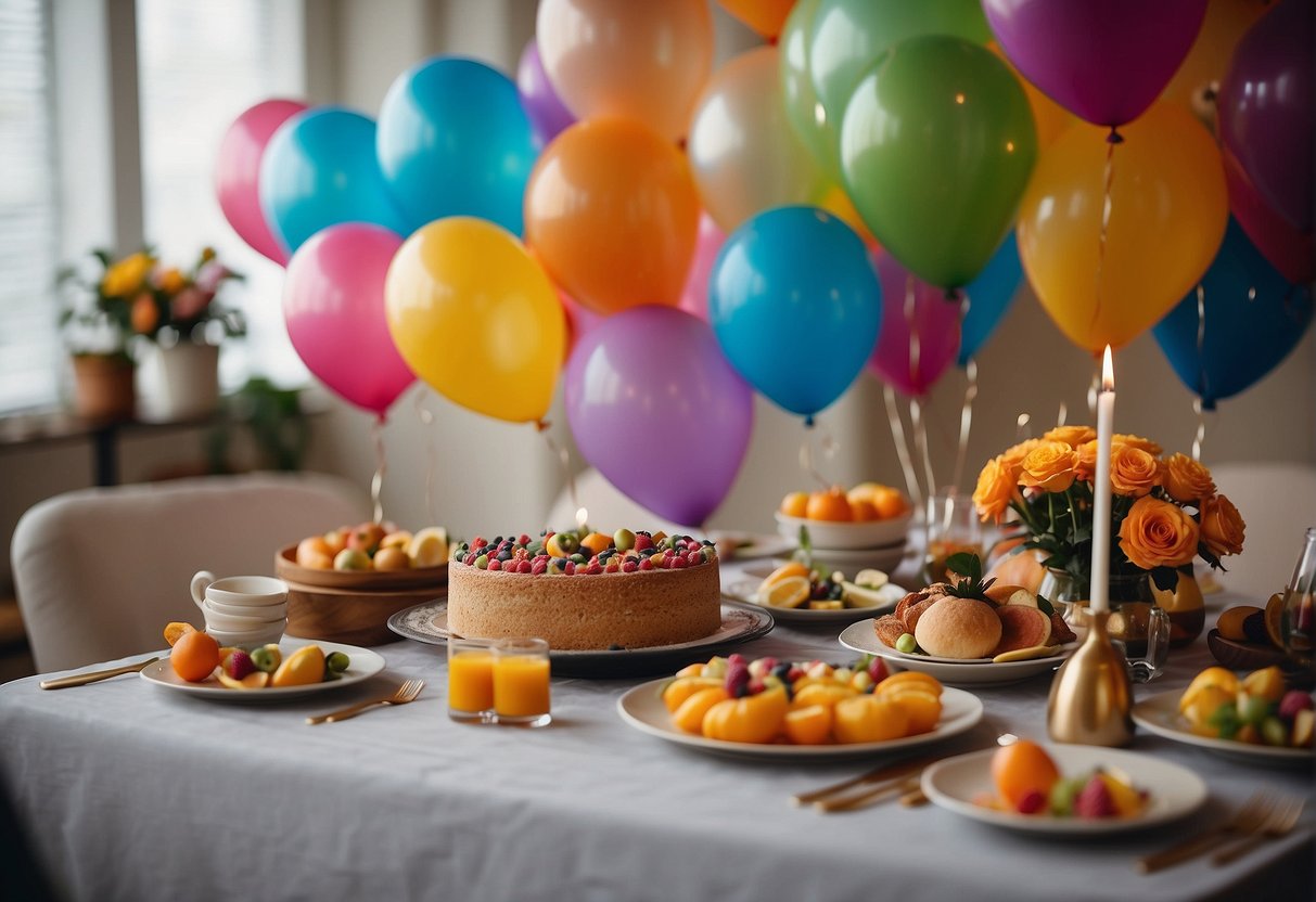 A festive table set with colorful decorations and a large cake, surrounded by friends and family, with balloons and streamers adding to the celebratory atmosphere