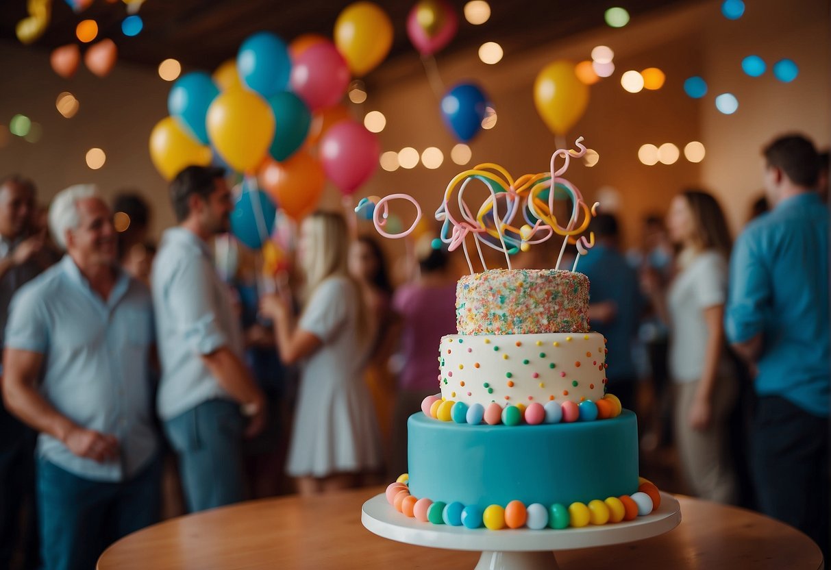 Balloons, confetti, and a colorful cake fill the room as people gather to celebrate the 43rd birthday. Music plays in the background, and laughter fills the air