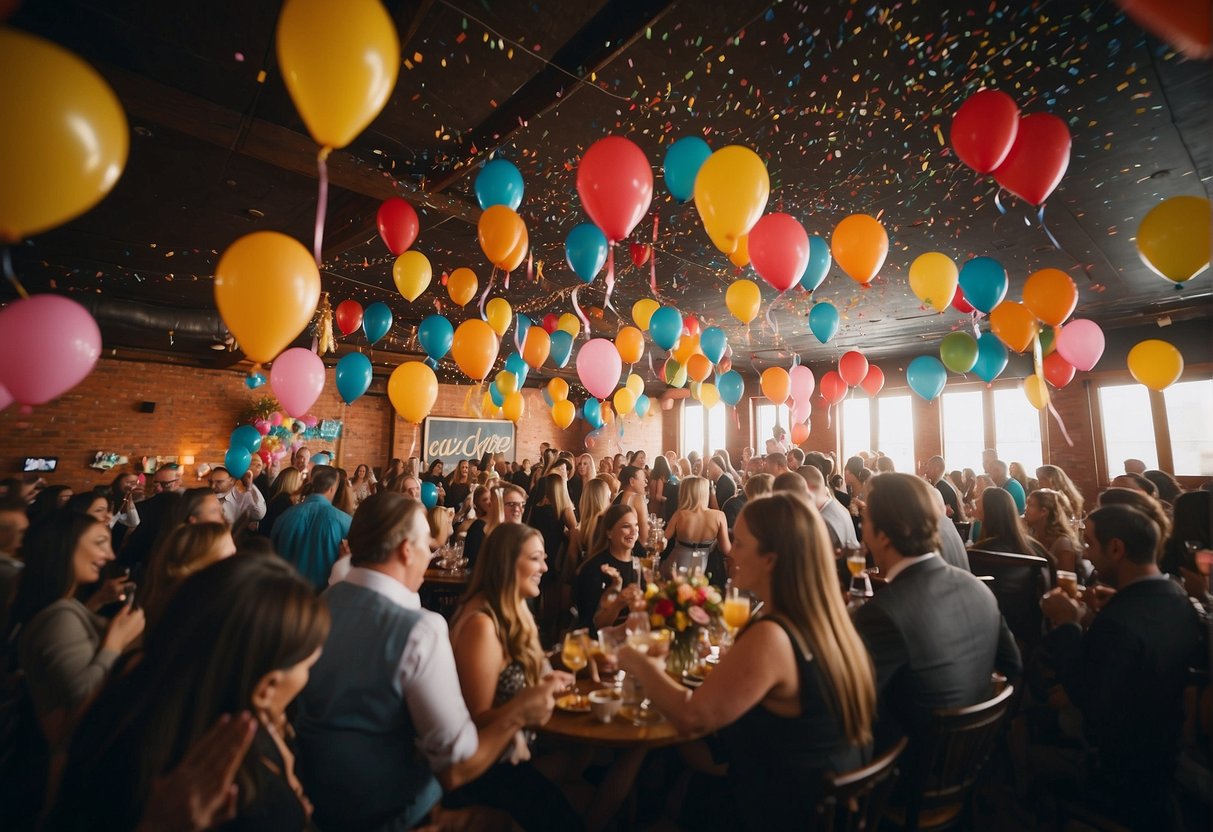 Colorful balloons, streamers, and confetti adorn the lively party venue. Tables are filled with decadent treats and drinks. Laughter and music fill the air as guests mingle and celebrate