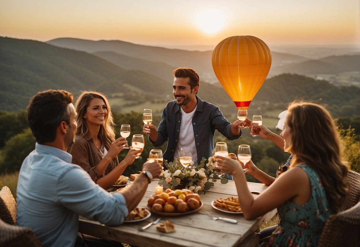 A colorful hot air balloon floats above a scenic landscape, with a group of friends enjoying a champagne toast at sunset