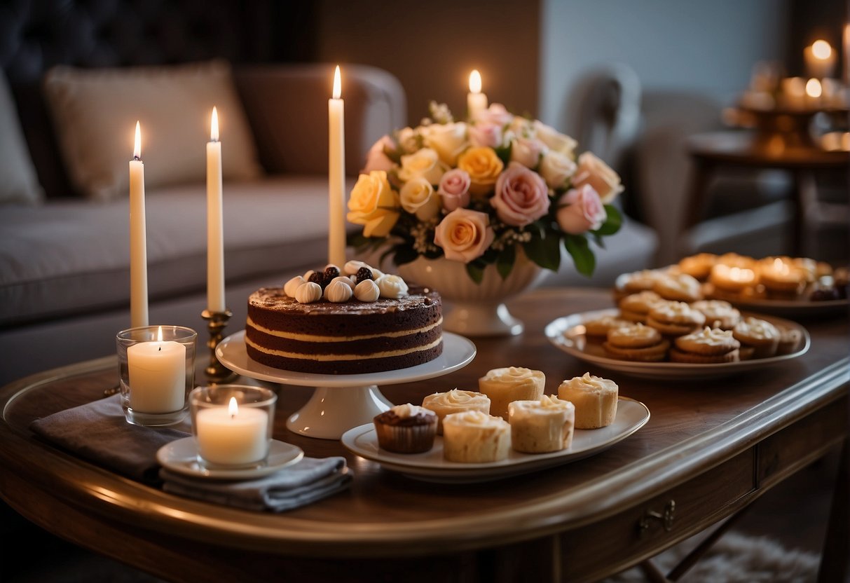 A table set with a decadent spread of desserts and champagne, surrounded by luxurious candles and flowers. A cozy armchair with a plush blanket and a stack of books nearby