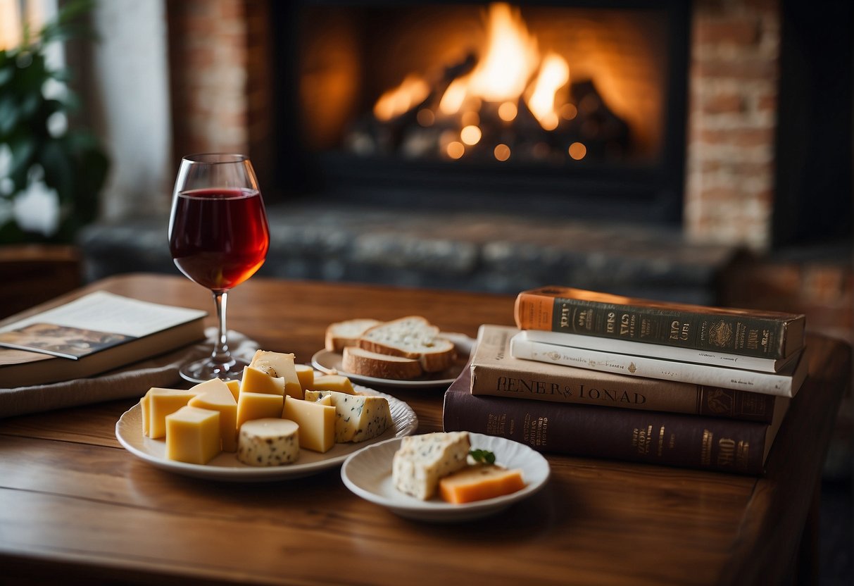 A cozy living room with a crackling fireplace, a table set with wine and cheese, and a stack of books waiting to be read