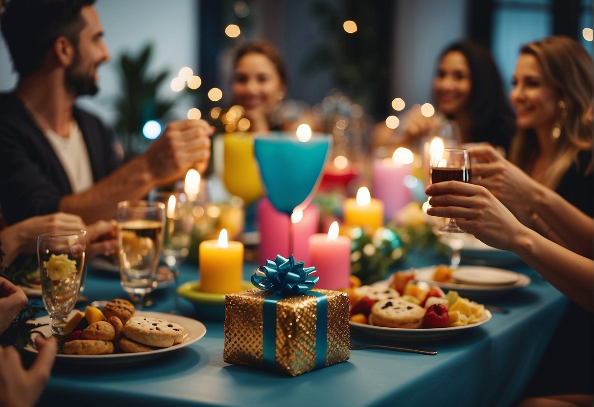 A table set with a colorful array of party decorations and a beautifully wrapped gift, surrounded by a group of friends and family members laughing and celebrating