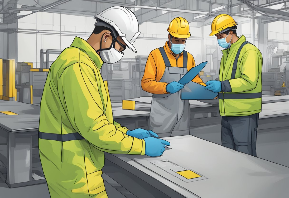 Workers following the 4 P's in Health and Safety wearing protective gear, inspecting a hazard-free workplace with proper signage, equipment, and procedures in place