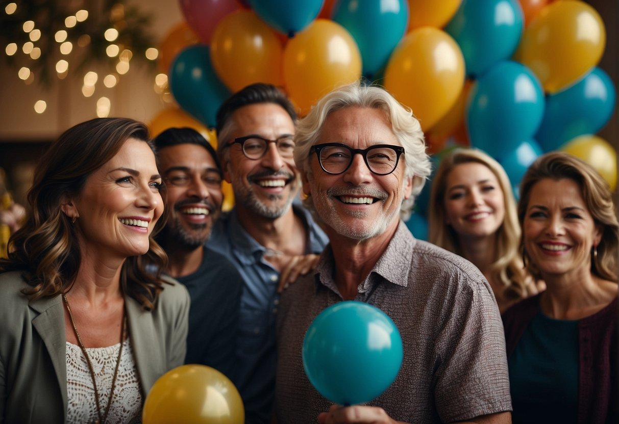 A group of middle-aged adults gather around a beautifully decorated venue, with balloons, streamers, and a "45" themed cake. Laughter and chatter fill the air as they enjoy games, music, and delicious food