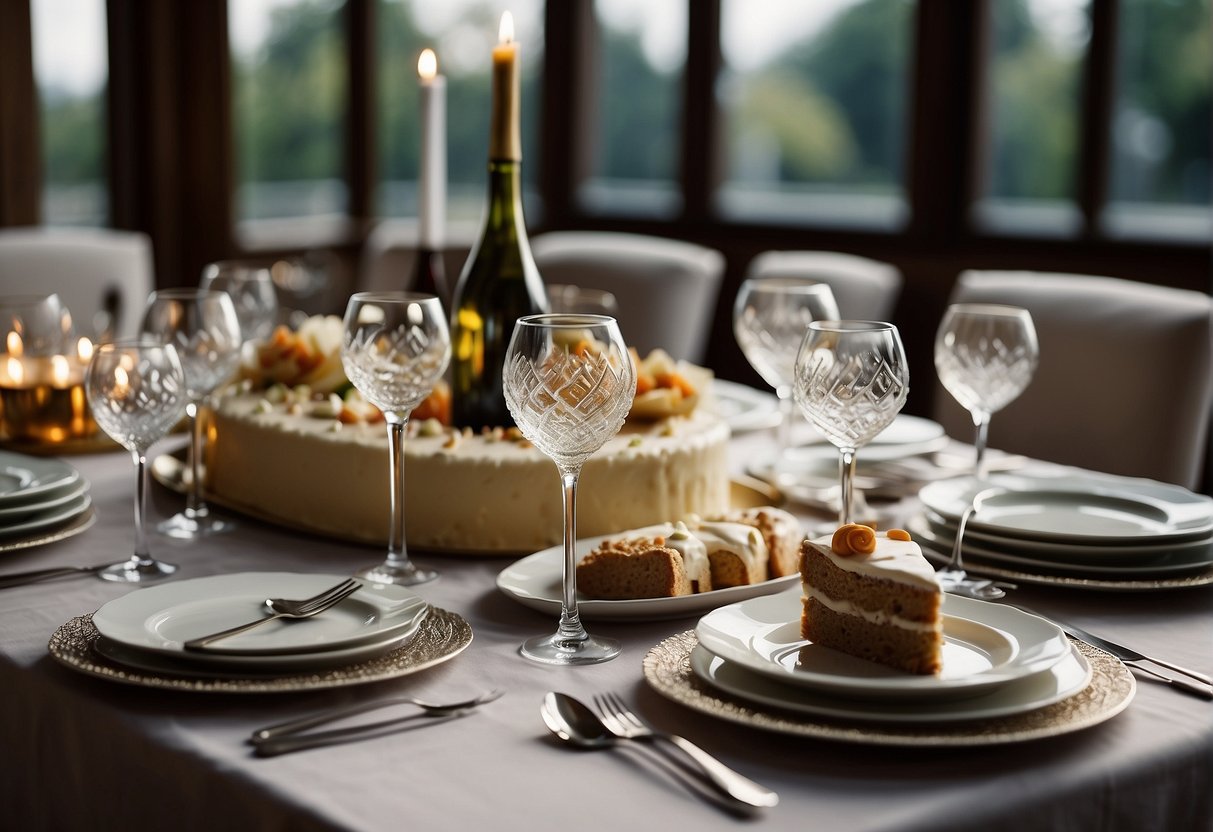 A beautifully set dining table with a birthday cake and gourmet dishes. Wine glasses and elegant cutlery are arranged around the table