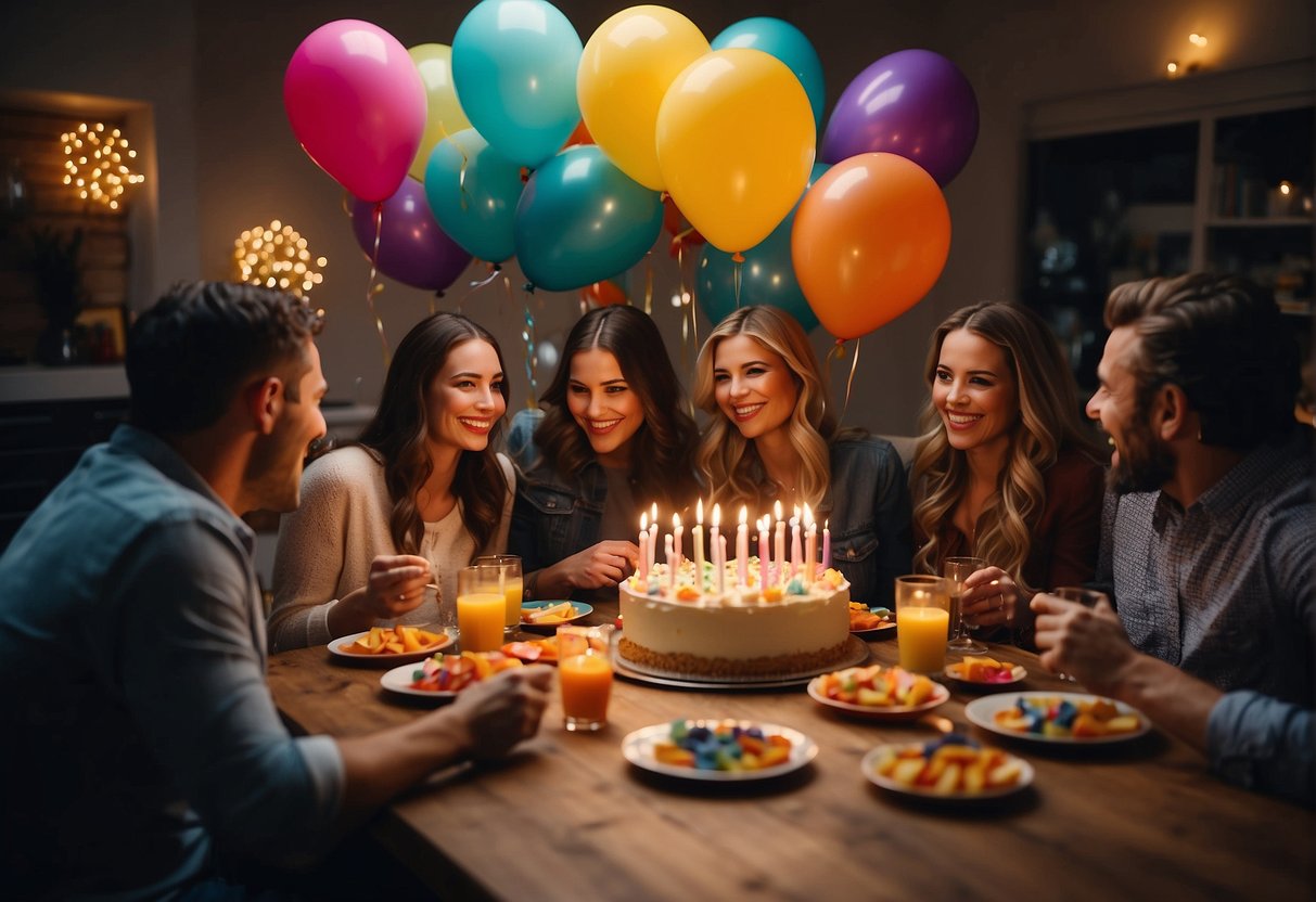 A group of friends gather around a table filled with colorful decorations and a large cake with "45" candles. Balloons and streamers fill the room, and everyone is smiling and laughing