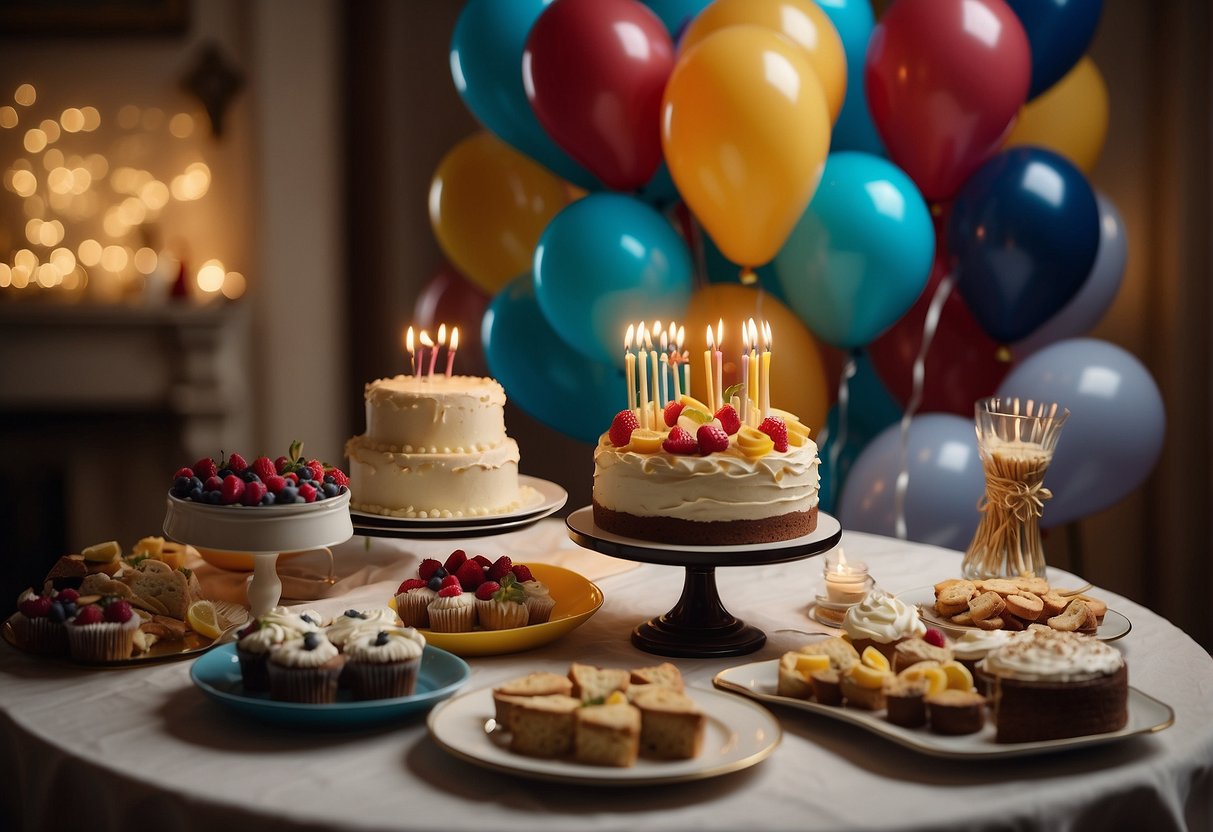 A festive table with balloons, cake, and presents. A banner reads "Happy 46th Birthday!" Guests mingle and laugh in the background