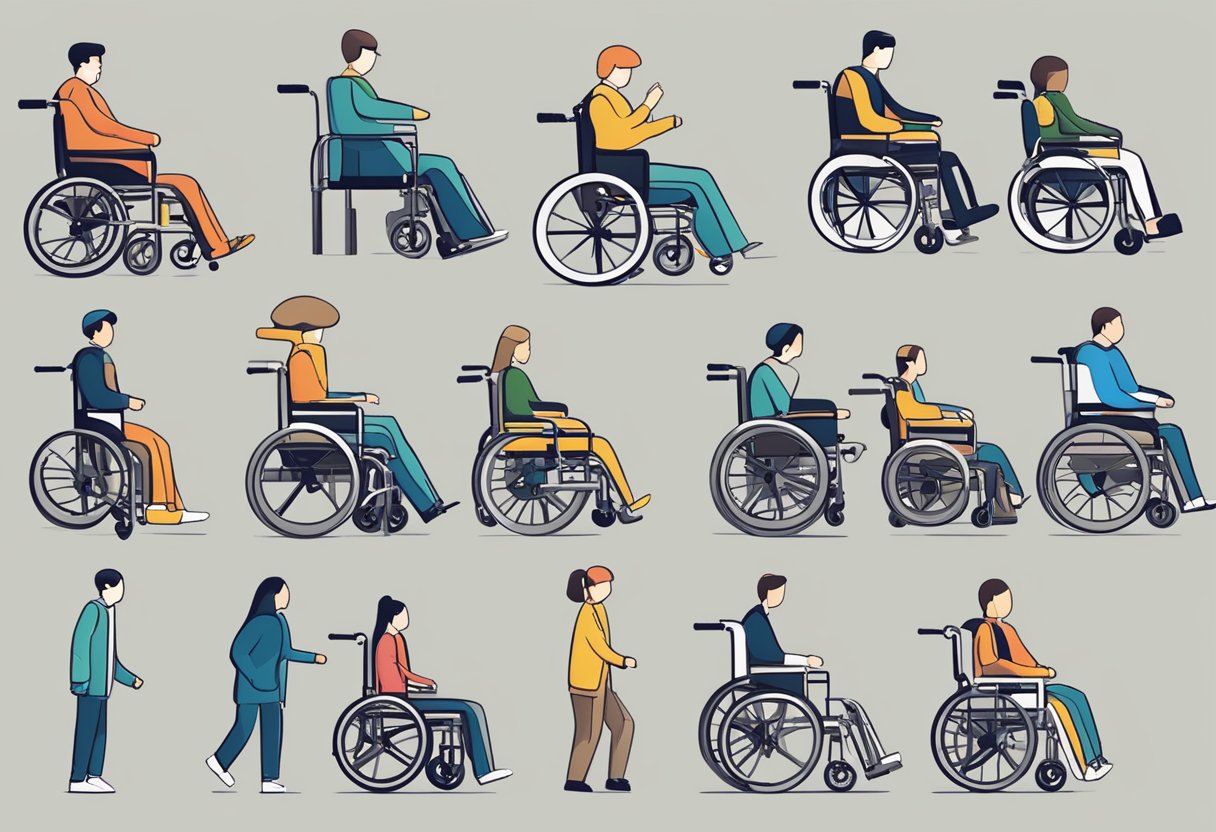 A person selects a wheelchair from a variety of options, then maneuvers it through doorways and over different types of terrain