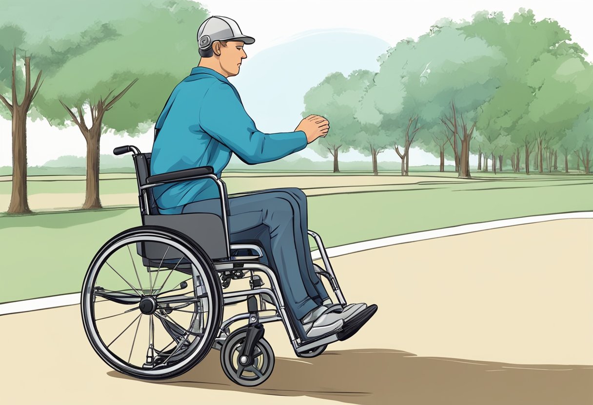 A person operates a wheelchair, pushing the wheels with their hands to move forward or backward