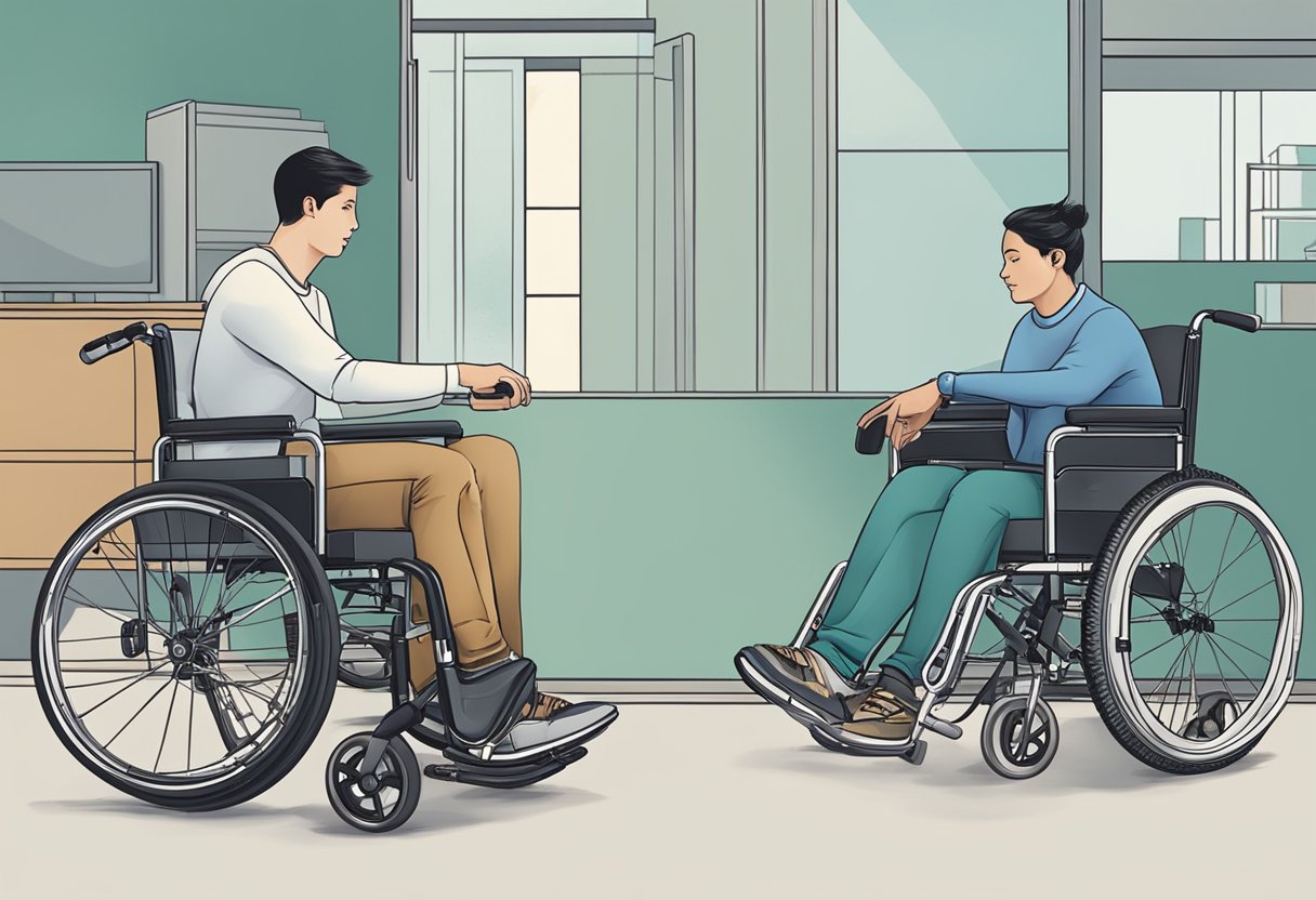 A person in a wheelchair is shown adjusting the footrest and brakes, while another person demonstrates how to safely push the wheelchair on different surfaces