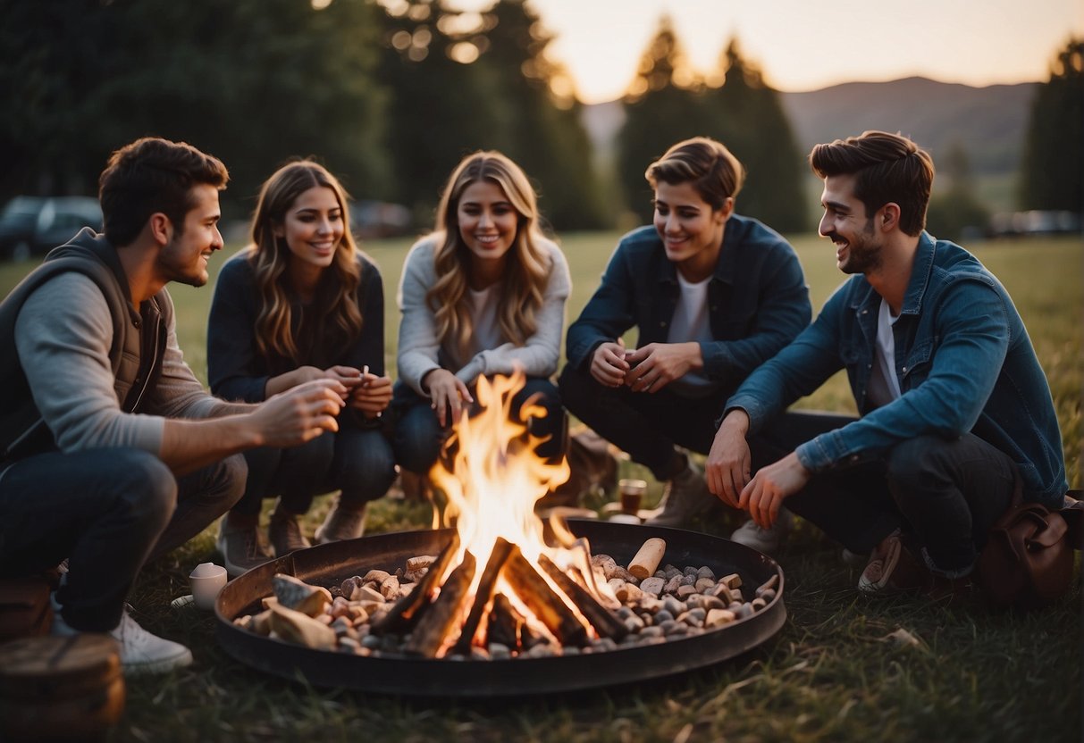 A group of friends gathered around a bonfire, roasting marshmallows and sharing stories. A table nearby is filled with board games and snacks, while music plays in the background