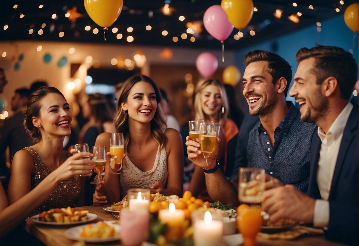 Guests laughing, playing games, and enjoying delicious food at a festive birthday party with colorful decorations and a vibrant atmosphere