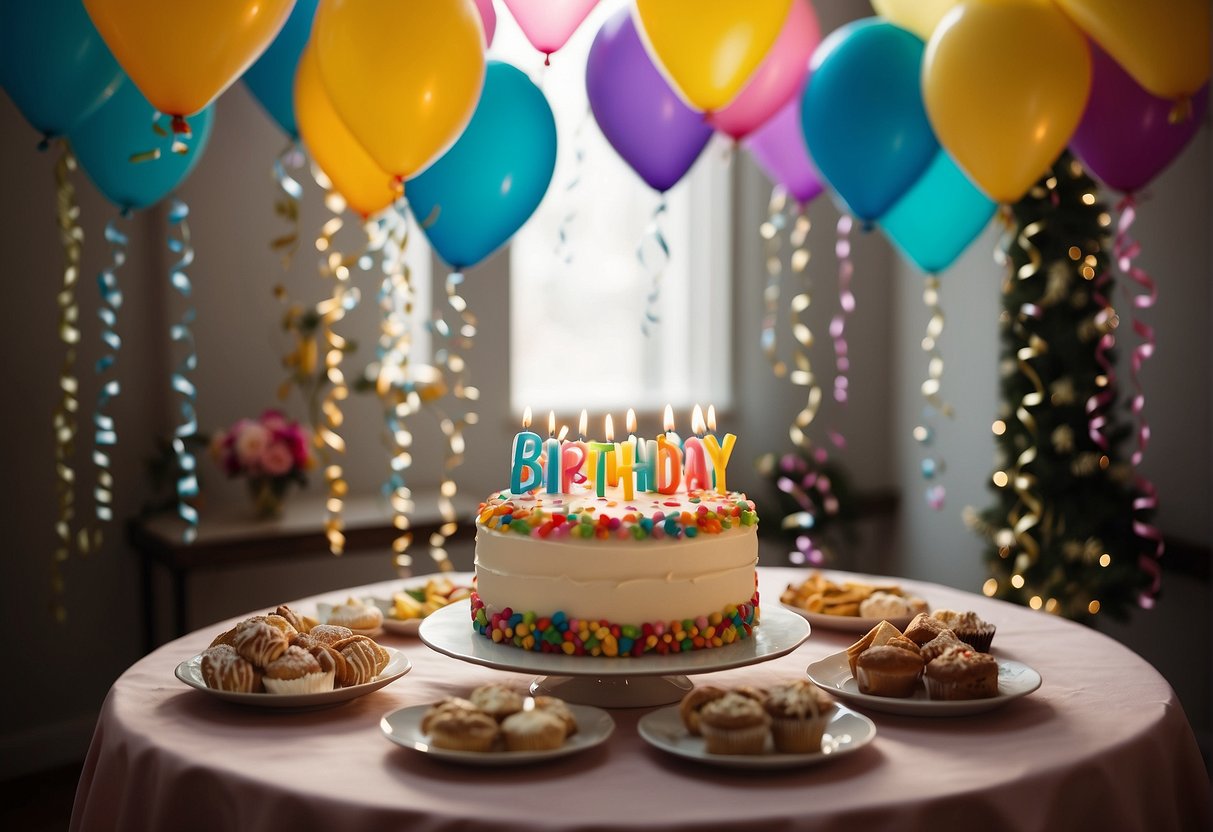 A table adorned with colorful balloons, presents, and a decadent birthday cake. Streamers and confetti decorate the room, creating a festive atmosphere for the 46th birthday celebration