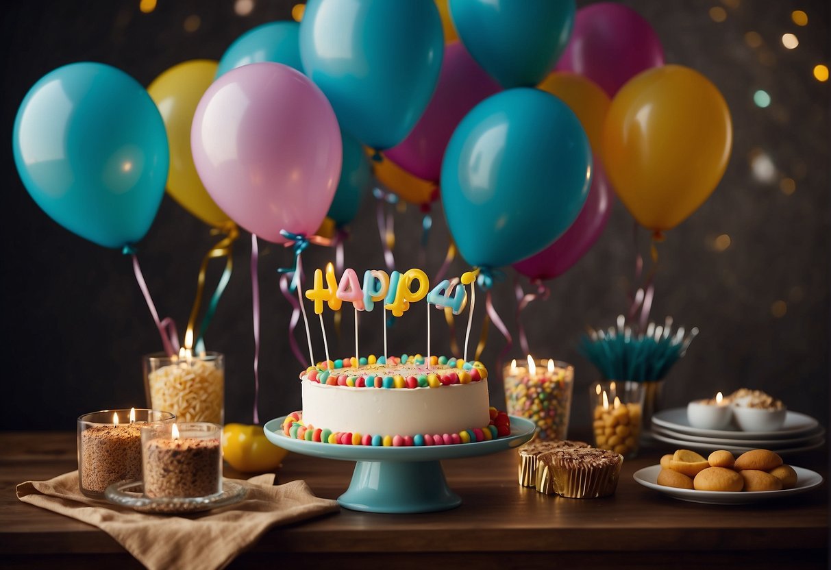 A colorful table with balloons, cake, and gifts. Friends and family laughing and chatting. A banner reading "Happy 47th Birthday" hangs in the background