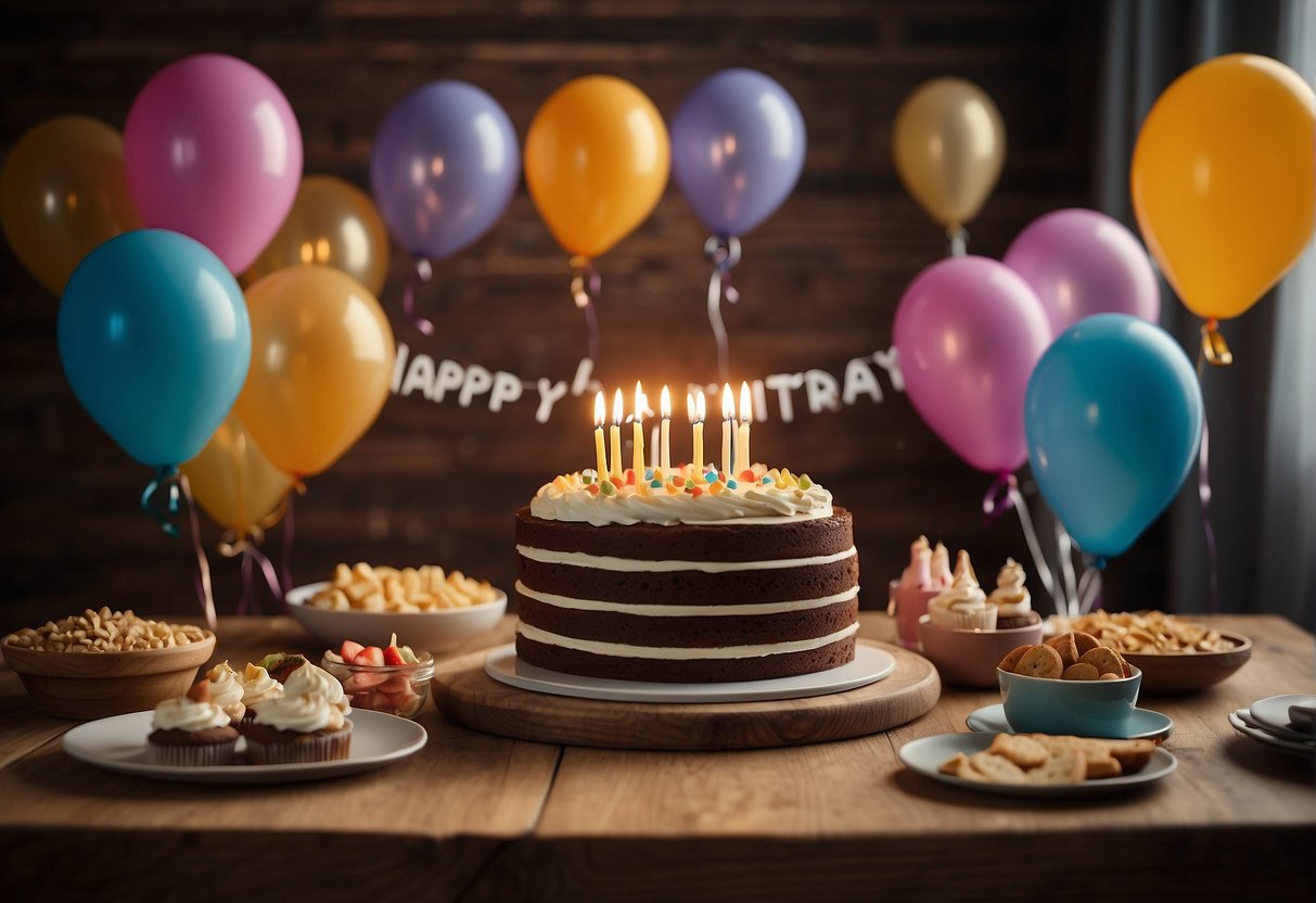 A table set with a cake, balloons, and gifts. A banner reads "Happy 47th Birthday!" A group of friends and family gather around, laughing and chatting