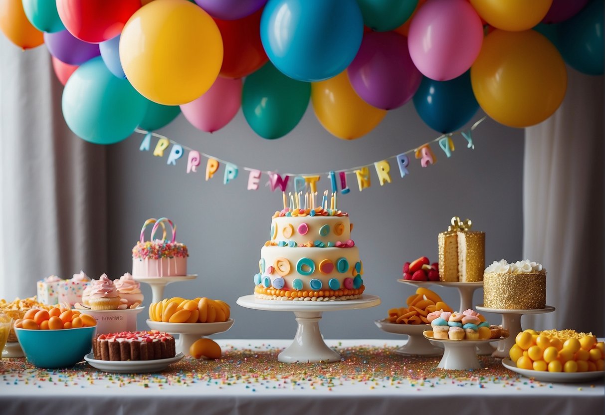 A colorful balloon arch frames a table with birthday cake, presents, and party favors. A banner reads "Special Experiences 47th Birthday." Streamers and confetti add to the festive atmosphere