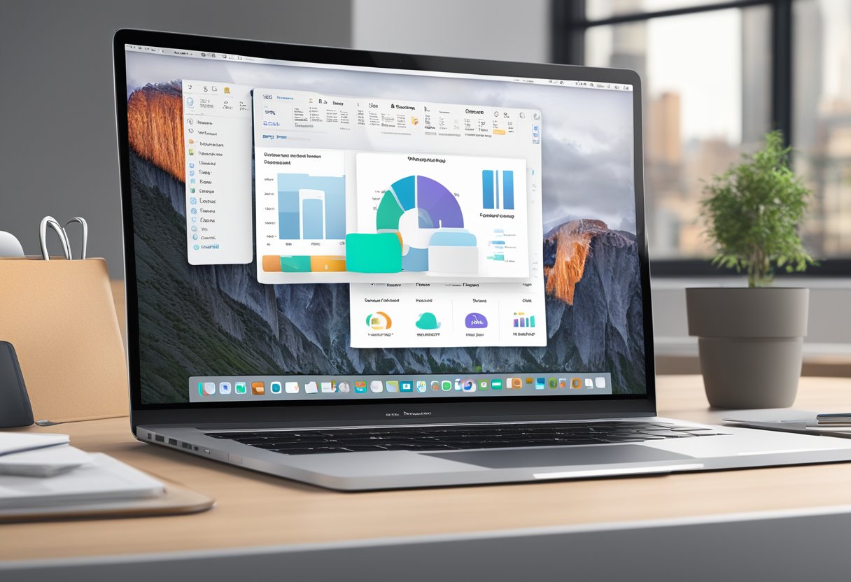 A MacBook displaying PowerPoint for Mac with a sleek and modern interface, featuring tools for maximizing productivity