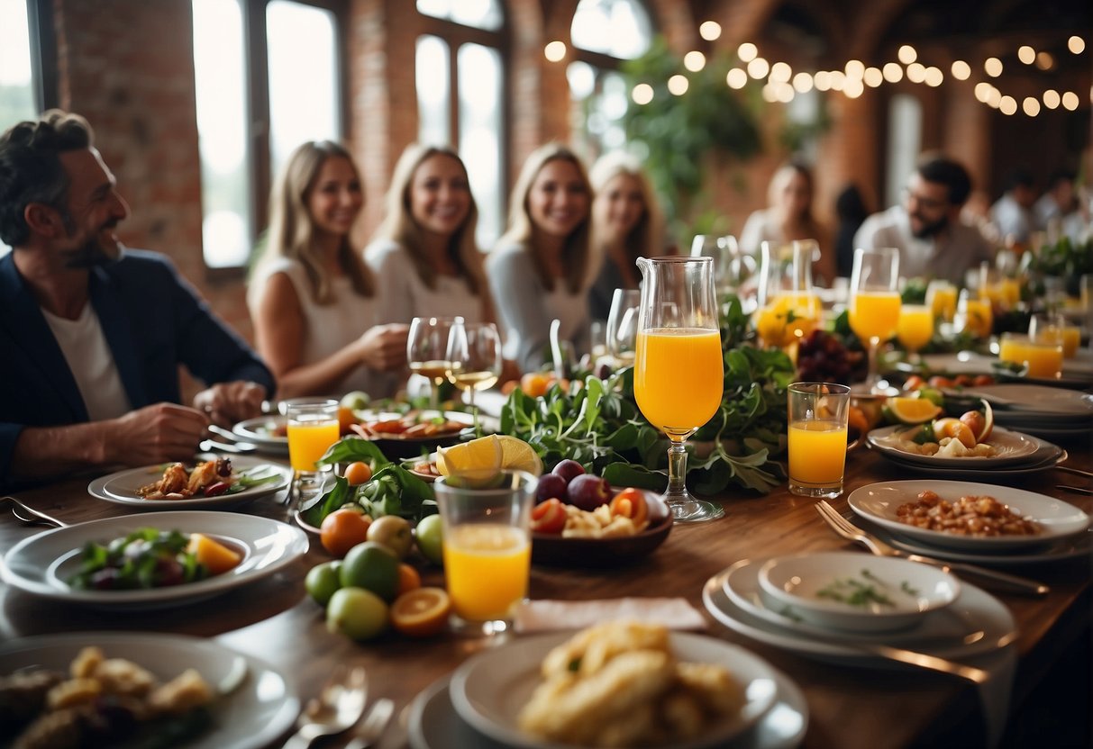 A beautifully set dining table with a colorful array of dishes and drinks, surrounded by happy guests mingling and enjoying the delicious cuisine