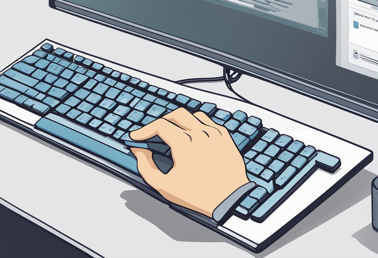 A hand holding a mouse, clicking on a text box in PowerPoint. The cursor highlights the text, and a keyboard is nearby for editing
