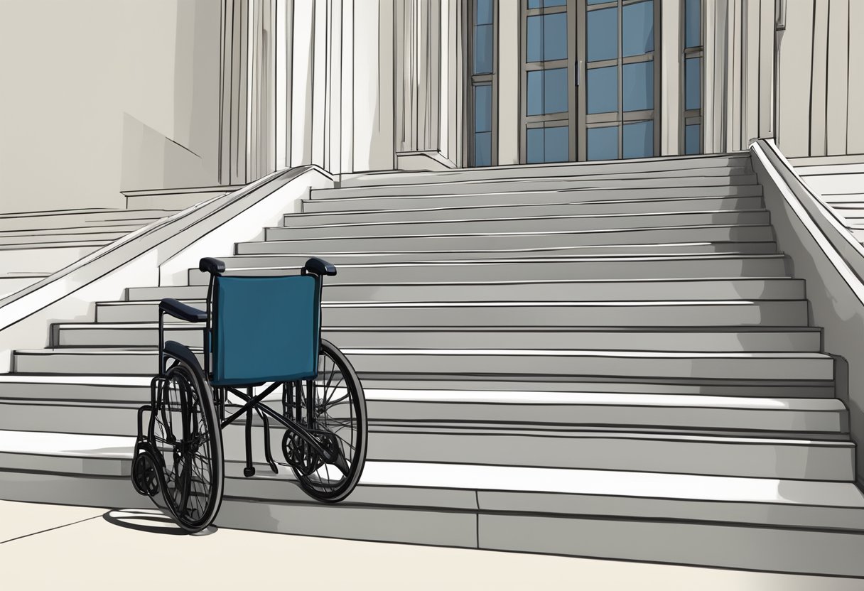 A wheelchair sits at the bottom of a flight of stairs, with no accessible ramp or lift in sight