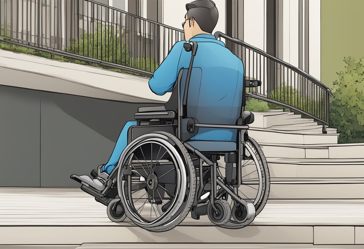 A wheelchair with a motorized attachment effortlessly ascends a flight of stairs using assistive technology