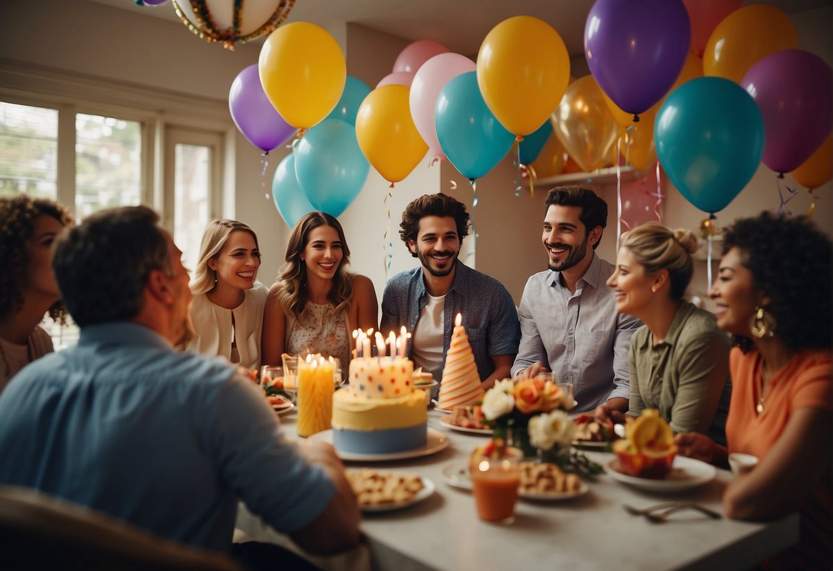 A group of people gathered around a table, laughing and enjoying a birthday cake with colorful decorations. Balloons and streamers adorn the room, and presents are piled nearby