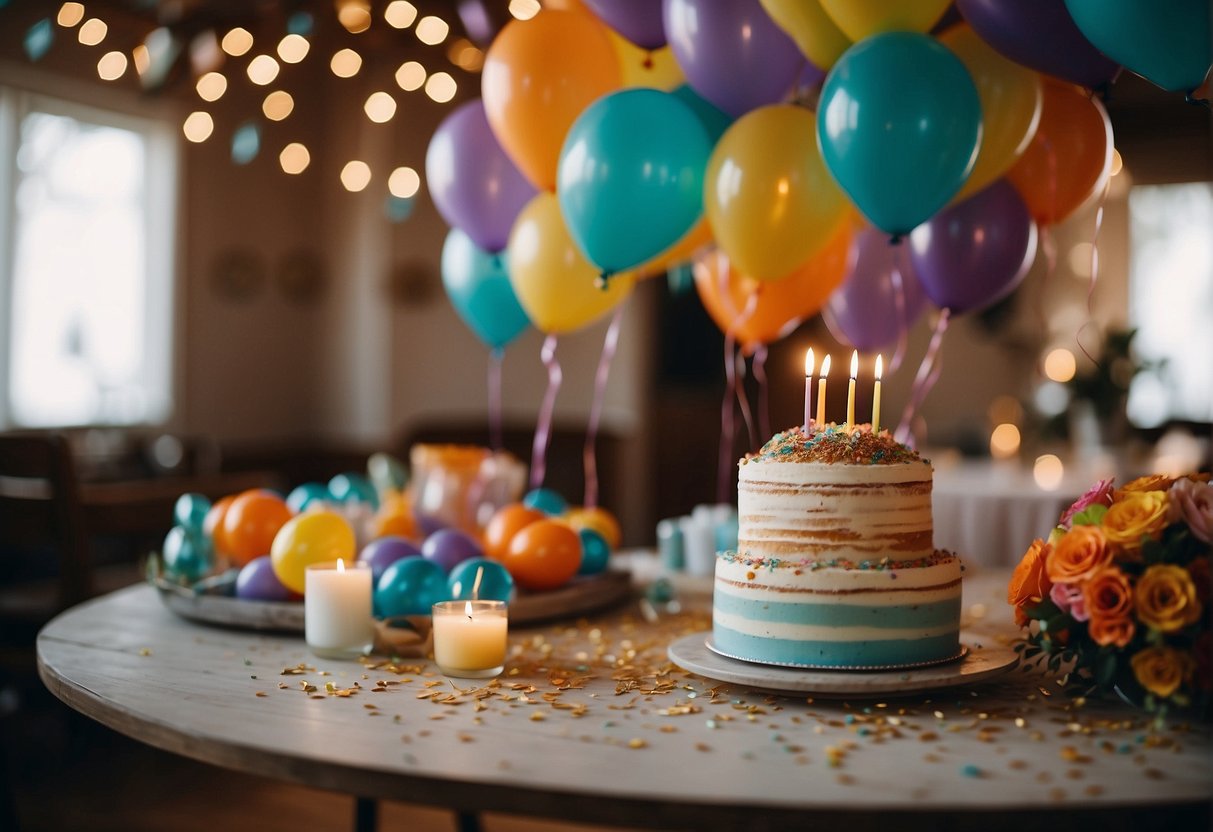 Colorful balloons, confetti, and a table adorned with birthday keepsakes. A cake with 47 candles, surrounded by friends and family. Gifts and laughter fill the room